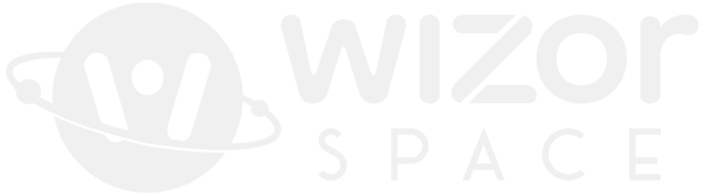 Logo de Wizor. Se visualizan tres formas geométricas en color blanco, un círculo en el medio y dos rectángulos con esquinas redondeadas en los costados haciendo referencia a una persona levantando los brazos.
